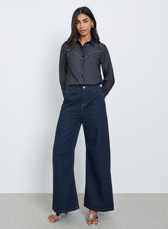 Styli Black Studded Detail Long Sleeve Denim Shirt - Image 2