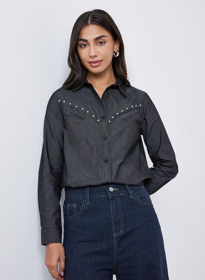 Styli Black Studded Detail Long Sleeve Denim Shirt - Image 1
