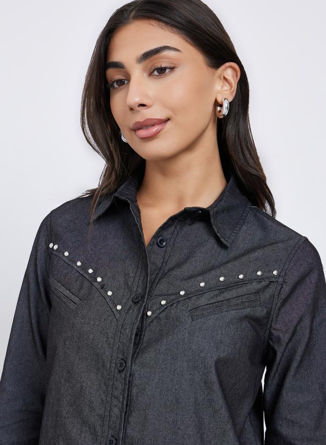 Styli Black Studded Detail Long Sleeve Denim Shirt - Image 4
