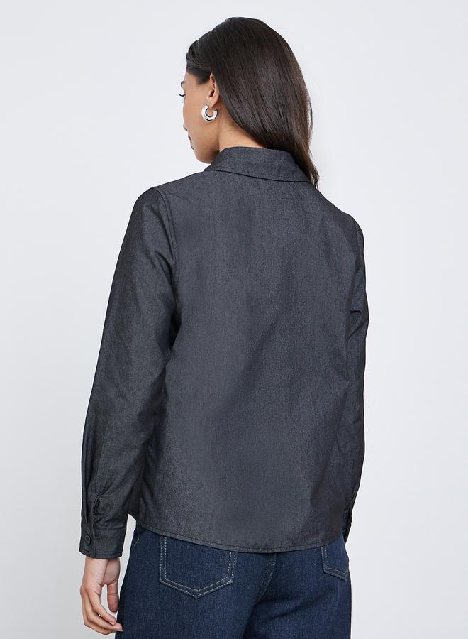 Styli Black Studded Detail Long Sleeve Denim Shirt - Image 5