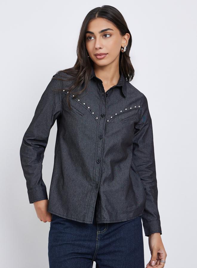 Styli Black Studded Detail Long Sleeve Denim Shirt - Image 3