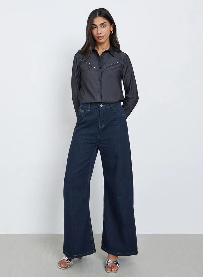 Styli Black Studded Detail Long Sleeve Denim Shirt
