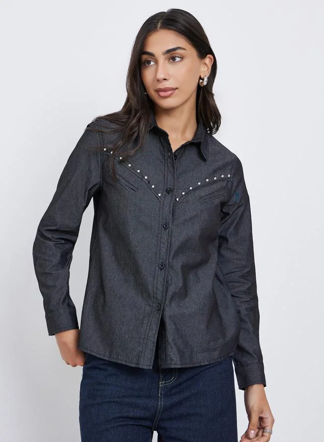 Styli Black Studded Detail Long Sleeve Denim Shirt