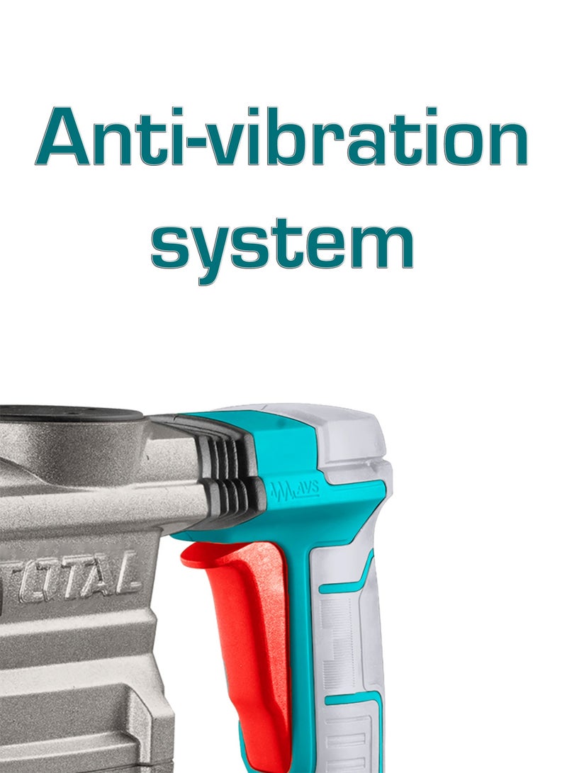 توتال مثقاب مطرقي دوّار من توتال بقدرة ١٦٠٠ واط، مزوّد بنظام تثبيت إس دي إس ماكس، بطاقة طرق ١٠ جول، وبقدرة حفر في الخرسانة حتى ٤٠ ملم، مع نظام مضاد للاهتزاز، ويأتي مع لقم حفر، وأزاميل، وفحمات كربونية، وحقيبة حمل - Image 4