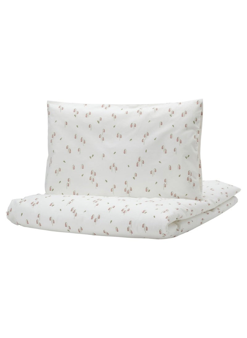 Duvet Cover & Pillowcase for Cot, White/Floral Pattern, 110x125/35x55 cm - Image 1
