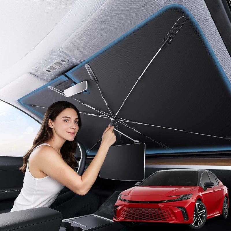 Zanch 2025 Upgraded Car Windshield Sun Shade Cool Down by 75 with Heat Insulation Coating Foldable Sunshade Umbrella with Flexible Handle Ribs Small 29x53 for Compact Cars SUVs