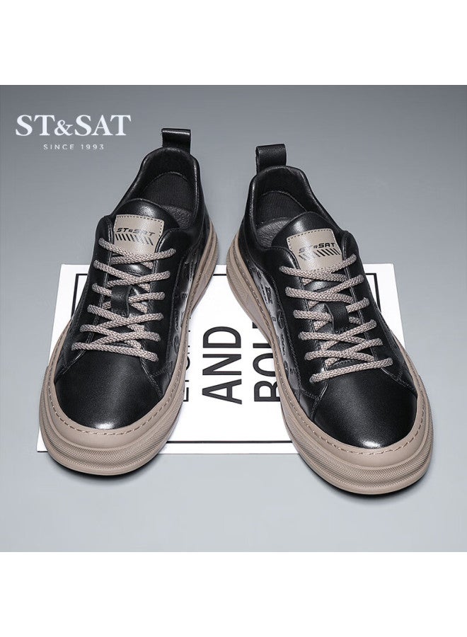 St&sat Men's Shoes, Top-layer Cowhide Leather Men's White Sneakers, Sports Casual Shoes, Comfortable Skateboard Shoes For Men, Black, Size 43 - Image 1