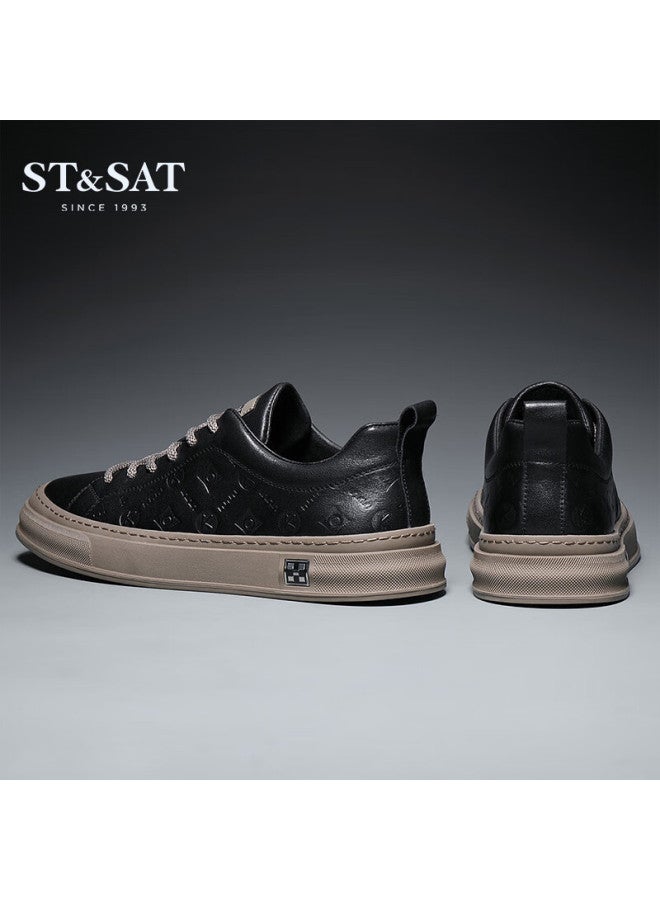 St&sat Men's Shoes, Top-layer Cowhide Leather Men's White Sneakers, Sports Casual Shoes, Comfortable Skateboard Shoes For Men, Black, Size 43 - Image 2