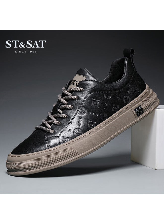 St&sat Men's Shoes, Top-layer Cowhide Leather Men's White Sneakers, Sports Casual Shoes, Comfortable Skateboard Shoes For Men, Black, Size 43 - Image 4