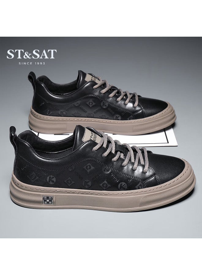 St&sat Men's Shoes, Top-layer Cowhide Leather Men's White Sneakers, Sports Casual Shoes, Comfortable Skateboard Shoes For Men, Black, Size 43 - Image 3