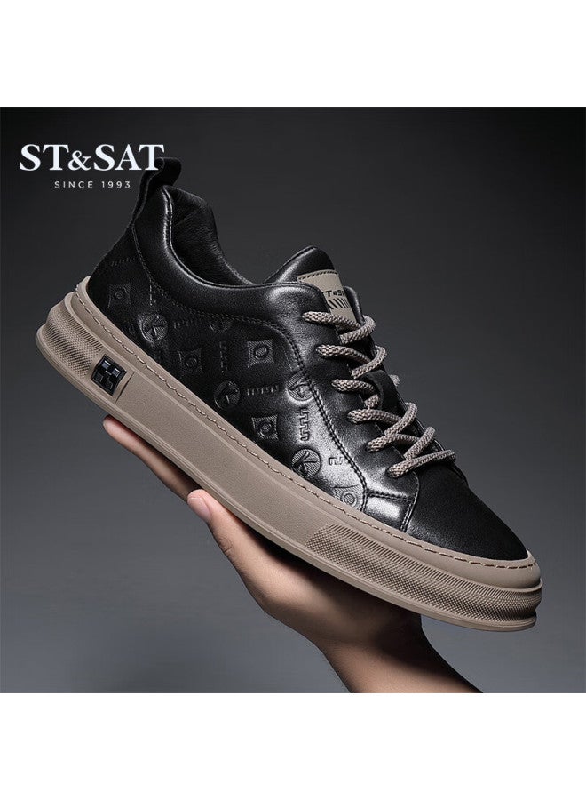 St&sat Men's Shoes, Top-layer Cowhide Leather Men's White Sneakers, Sports Casual Shoes, Comfortable Skateboard Shoes For Men, Black, Size 43 - Image 5
