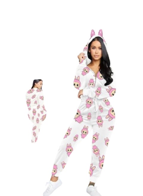 سالوبت حريمي قطيفة ناعمة بغطاء رأس – بيجامة منزلية بطبعة كرتونية – تصميم مريح ودافئ