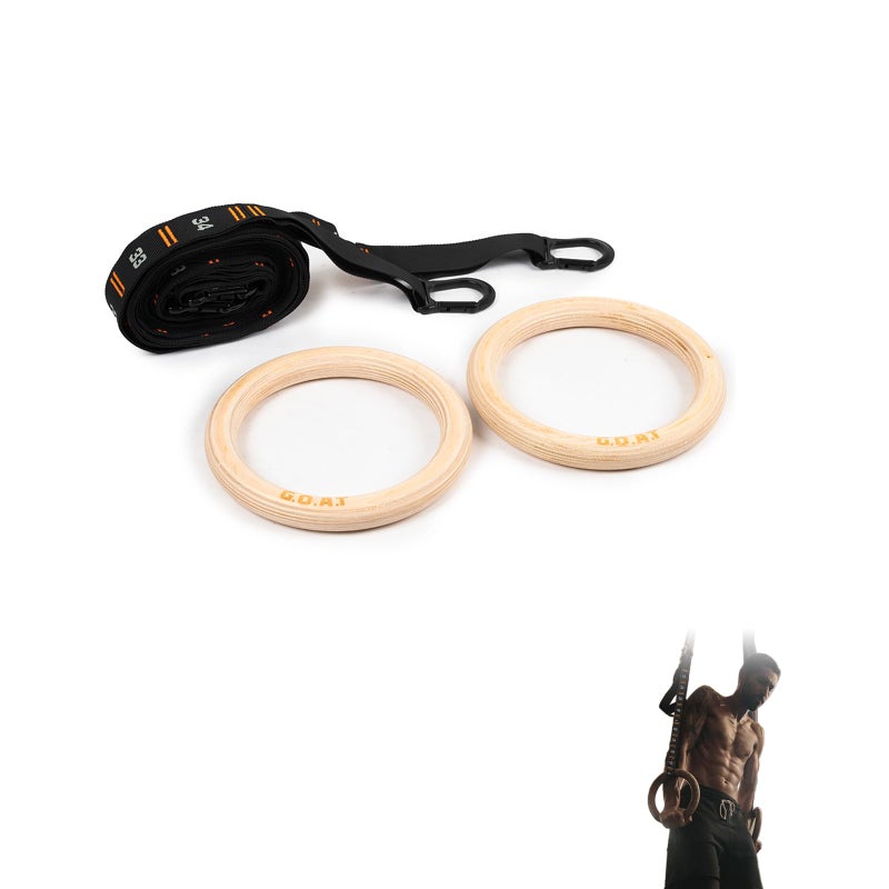 جوت  حلقات جمباز من G.O.A.T | خشب البتولا 100% | 4.5 متر | سماكة الحلقة 2.8 سم | سماكة الأشرطة النايلون 3.8 سم | متينة - Image 1