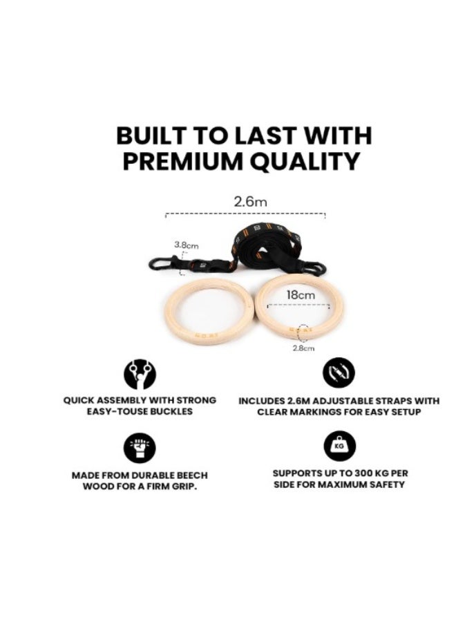 جوت  حلقات جمباز من G.O.A.T | خشب البتولا 100% | 4.5 متر | سماكة الحلقة 2.8 سم | سماكة الأشرطة النايلون 3.8 سم | متينة - Image 3