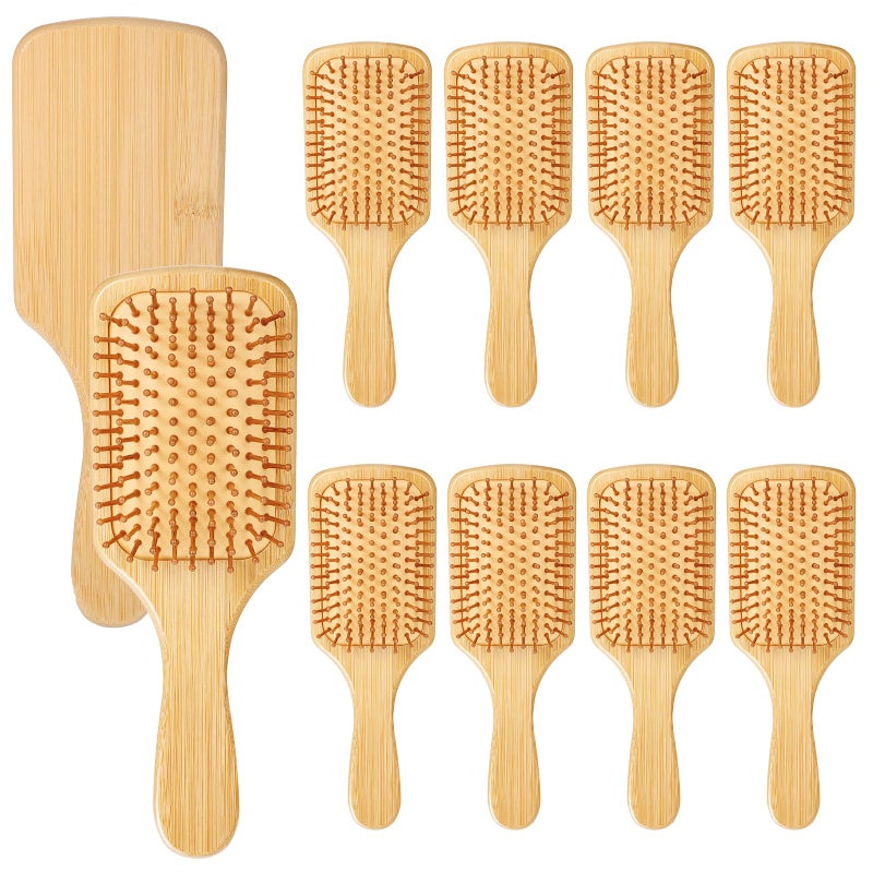 Wanmu 10 Pcs Bamboo Hair Brush, Bulk Round-tipped Bamboo Bristles Detangling Brush Paddle Lightweight Massage Anti Static for Women Men and Children, Stimulates Scalp for Hair Growth (Small, Count, 10) - Image 1