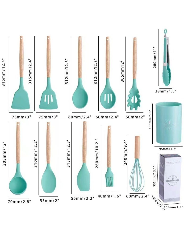 AROAQ 12pcs Silicone Kitchen Utensils Set With Wooden Handle And Storage Bucket, Heat Resistant Silicone Kitchen Spatulas Set, (Light green )  - Image 4