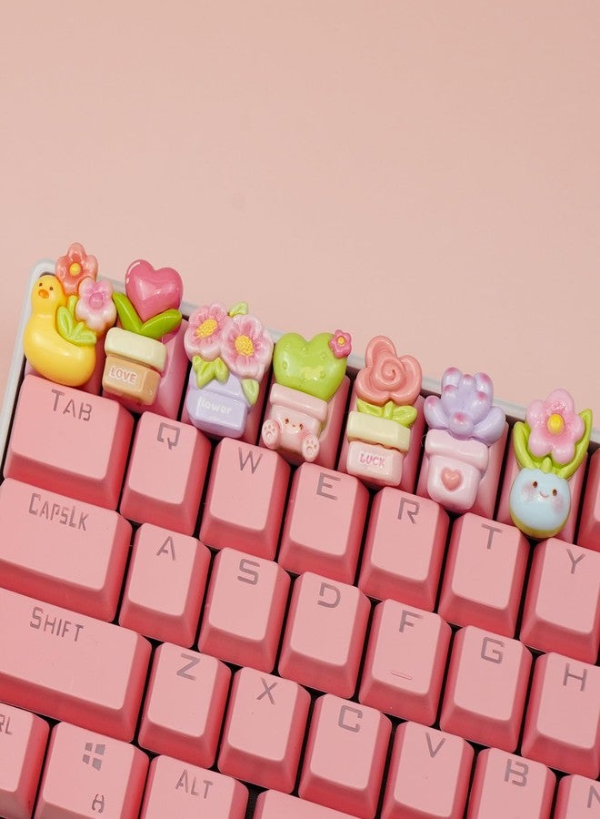 Wonhibo 7 PCS Potted Flowers Keycaps for Cherry MX Keyboards - Cute OEM Profile ESC Key Replacement, Mechanical Keyboard Decoration for Women Girls - Image 1