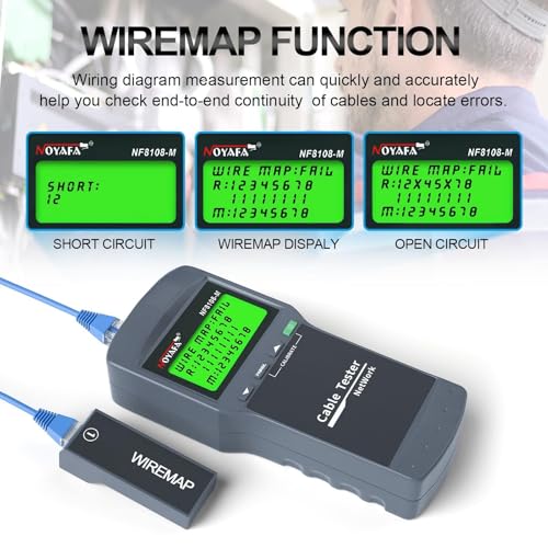 NOYAFA Network Cable Tester - Cable Wire Fault Finder For RJ45 Cat5, Cat6, 5E, 6E Measure Length, Locate The Breakage Point, Check Wiring Error With 8 Far-End Passive Test Jacks, White & Black - Image 4