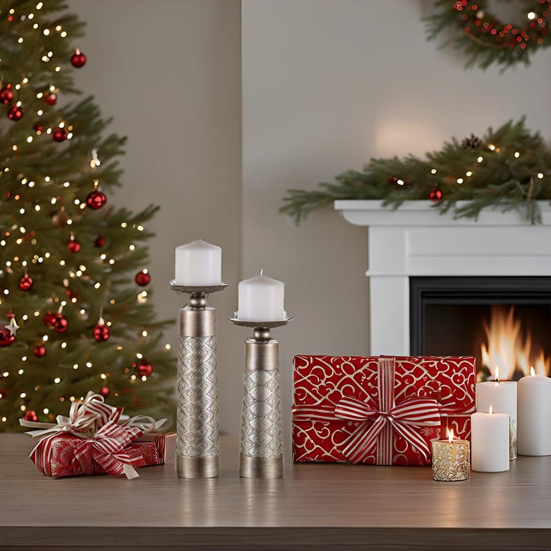 Creative Scents Dublin Silver Decorative Candle Holder Set of 2 - Home Decor Pillar Candle Stand, Coffee Table Mantle Decor centerpieces for Fireplace, Living or Dining Room Table, Gift Boxed - Image 2