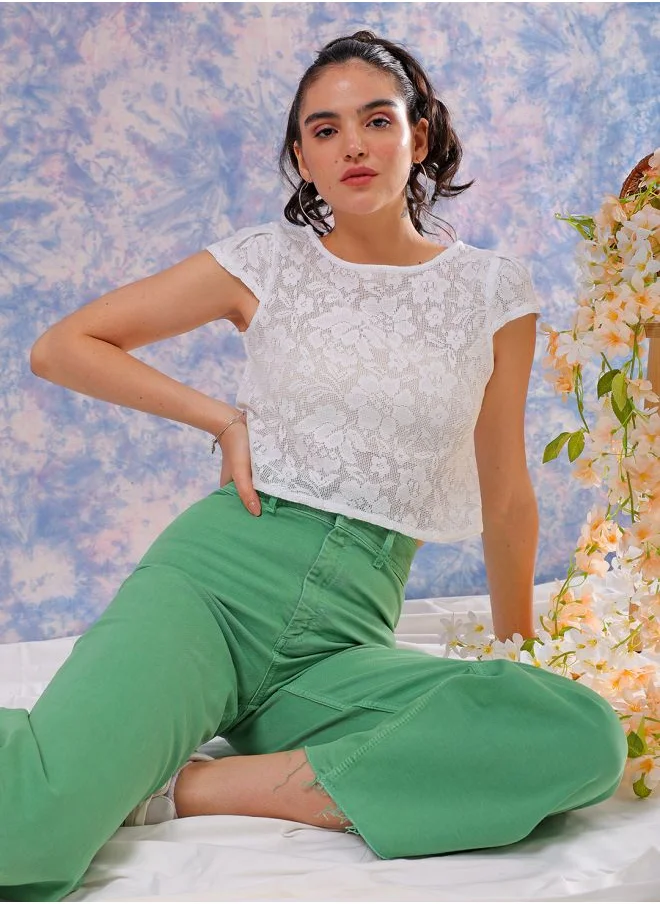 Freehand Women Regular Fit Casual Lace Round Neck Top
