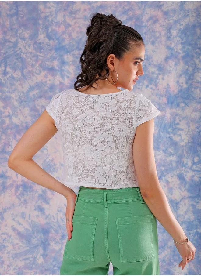 Freehand Women Regular Fit Casual Lace Round Neck Top
