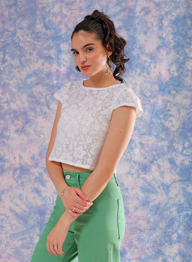 مرفوعة Women Regular Fit Casual Lace Round Neck Top