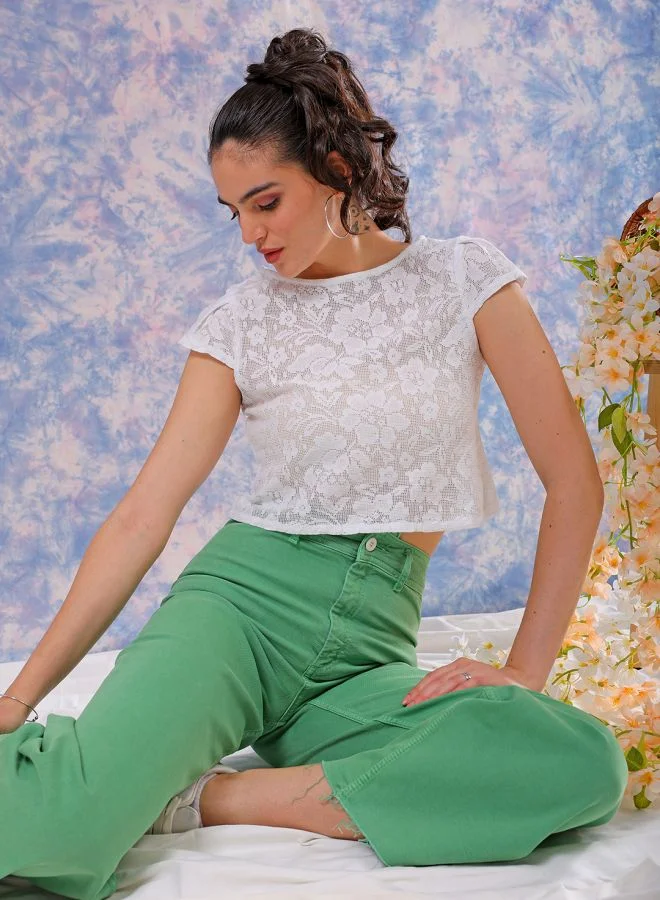 مرفوعة Women Regular Fit Casual Lace Round Neck Top