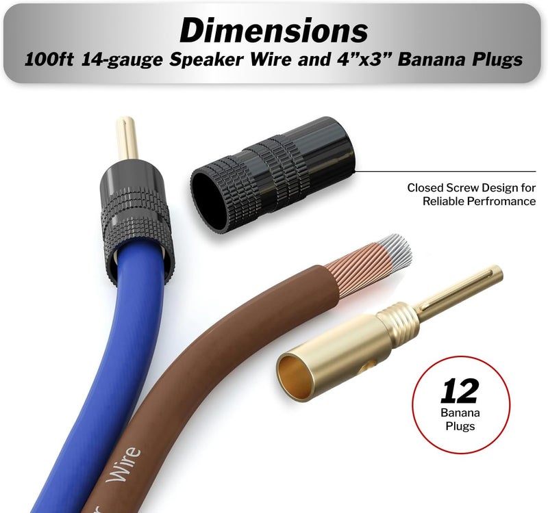 InstallGear 14 Gauge Speaker Wire Cable (100 Feet) With 12 Banana Plugs - 14 AWG for Car Audio, Home Theater, and Stereo Systems - Image 3
