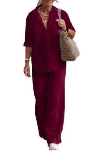2023 Collared Shirt  Wide-Leg Pants Set for Women Dark red