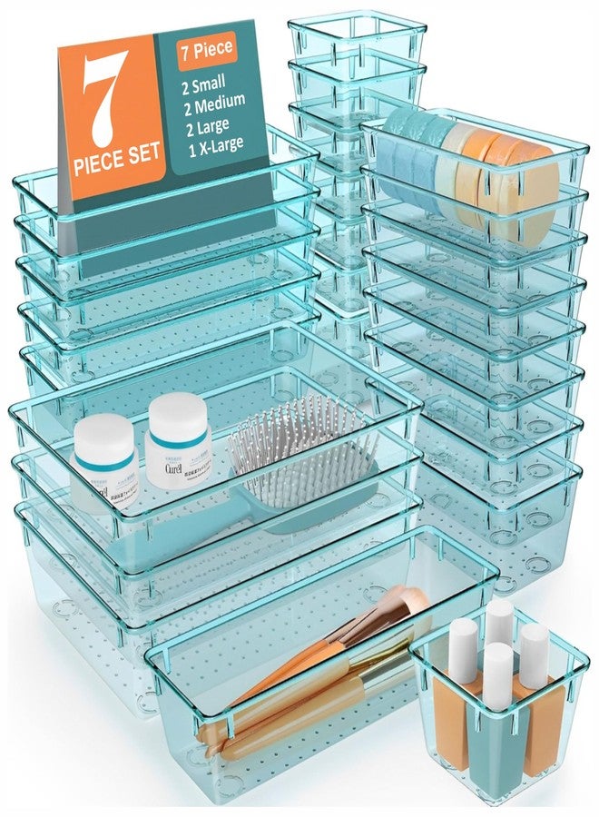 JD FRESH Polypropylene Set of 7 Drawer Organiser/Unbreakable Drawer Organizers/Dressing Table Organizer/Multi-Purpose Storage Boxes/Drawer Divider Tray for Kitchen/Bedroom/Office - (Sea-Blue) - Image 1