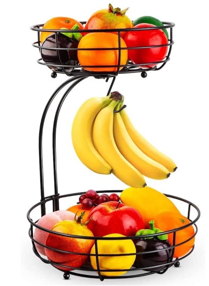 2 Tier Detachable Large Capacity Countertop Fruit Basket Storage and Vegetables Rack Bread Display with Banana Hanger