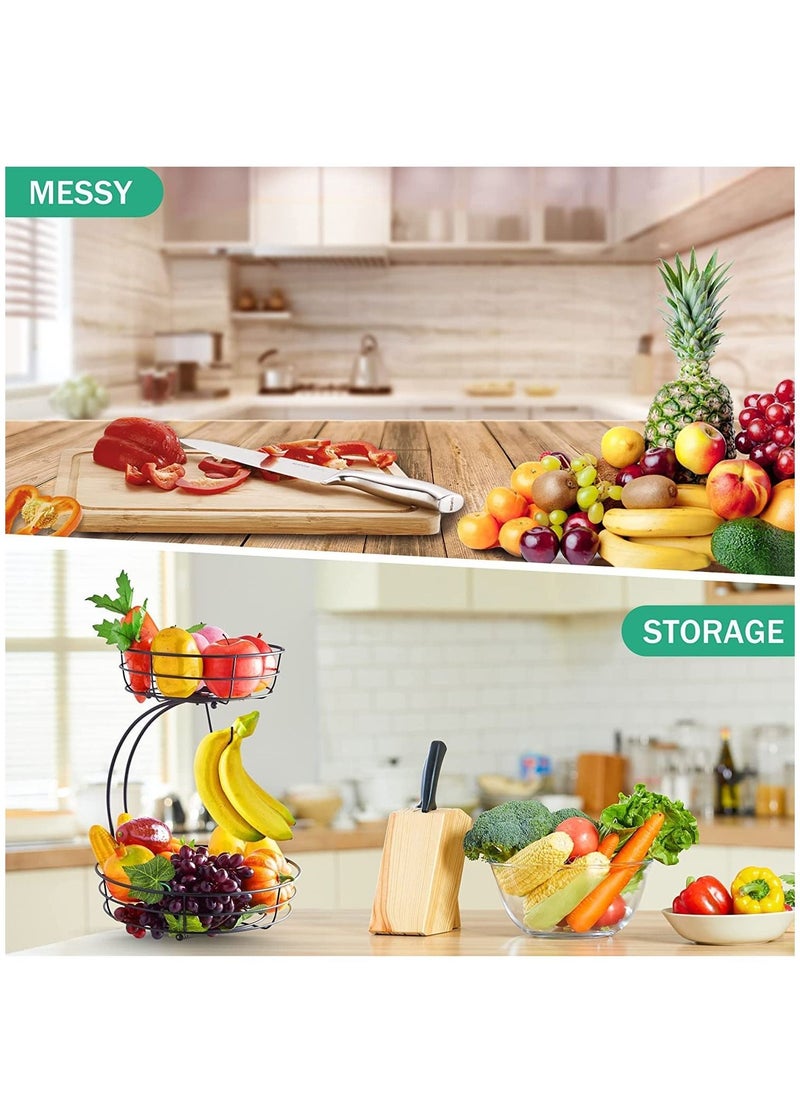 2 Tier Detachable Large Capacity Countertop Fruit Basket Storage and Vegetables Rack Bread Display with Banana Hanger
