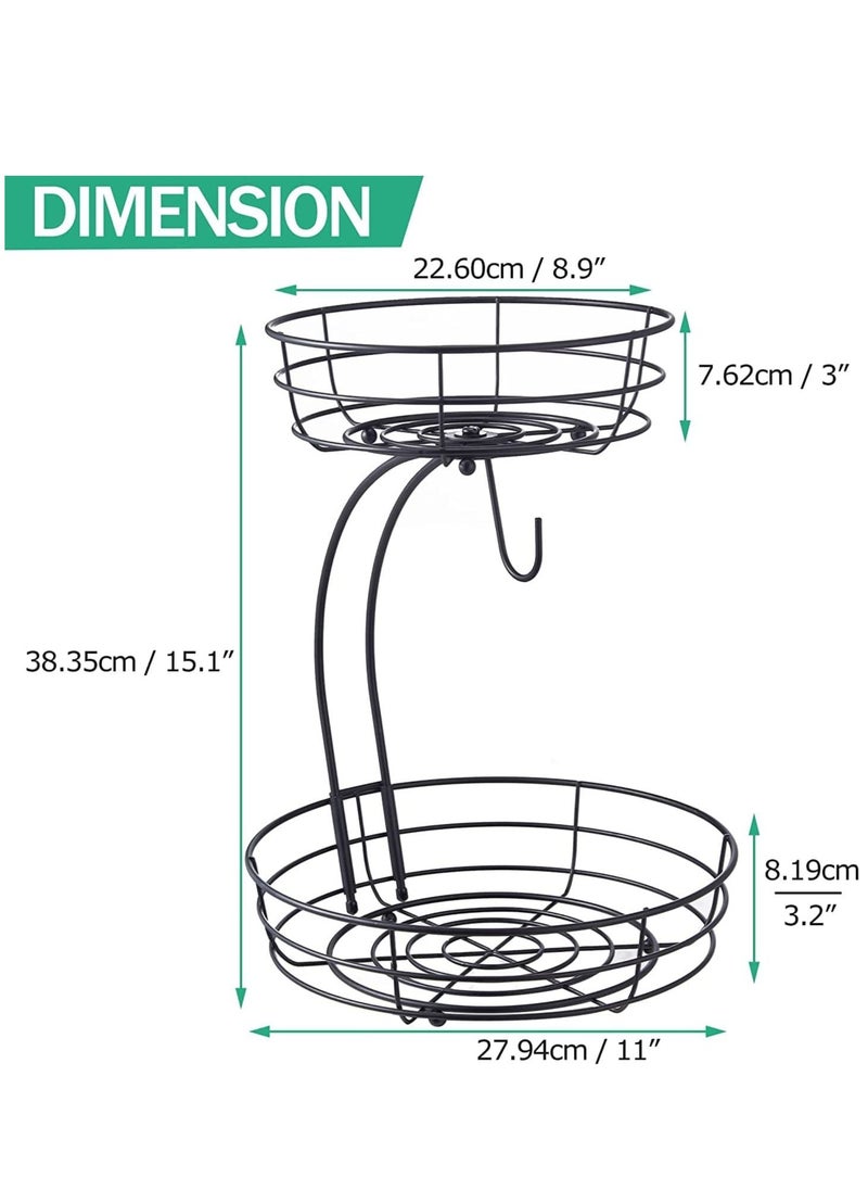 2 Tier Detachable Large Capacity Countertop Fruit Basket Storage and Vegetables Rack Bread Display with Banana Hanger