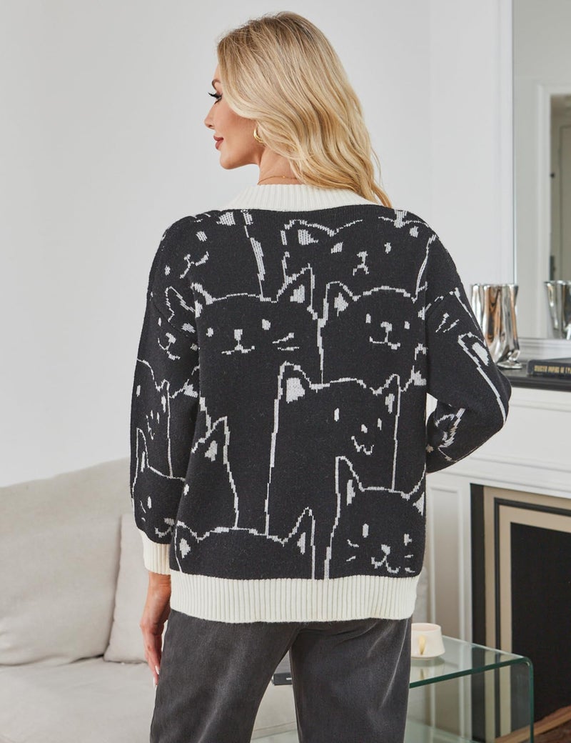 Arssm Cat Sweater for Women Oversized Button Down V Neck Knit Cardigan Cute Kawaii Cartoon Print Sweater Fall Clothes(A-Black-XL) - Image 5