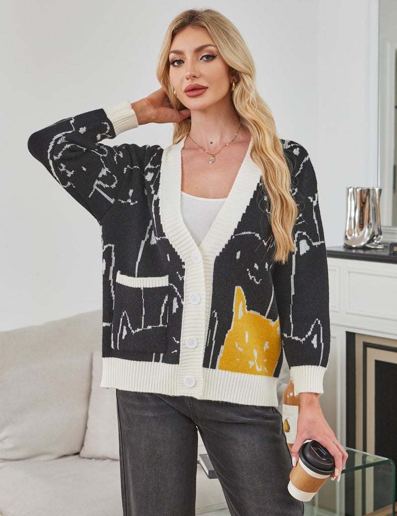 Arssm Cat Sweater for Women Oversized Button Down V Neck Knit Cardigan Cute Kawaii Cartoon Print Sweater Fall Clothes(A-Black-XL) - Image 4