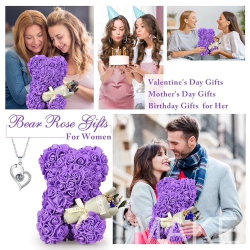K KYMAKE Gifts for Mother Rose Bear Gifts for Women, Rose Teddy Bear Birthday Gifts for Girlfriend Wife, Flower Bear withI Love You Necklace in 100 Languages - Image 5