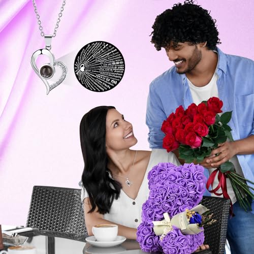 K KYMAKE Gifts for Mother Rose Bear Gifts for Women, Rose Teddy Bear Birthday Gifts for Girlfriend Wife, Flower Bear withI Love You Necklace in 100 Languages - Image 4