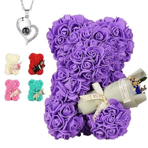 K KYMAKE Gifts for Mother Rose Bear Gifts for Women, Rose Teddy Bear Birthday Gifts for Girlfriend Wife, Flower Bear withI Love You Necklace in 100 Languages - Image 1
