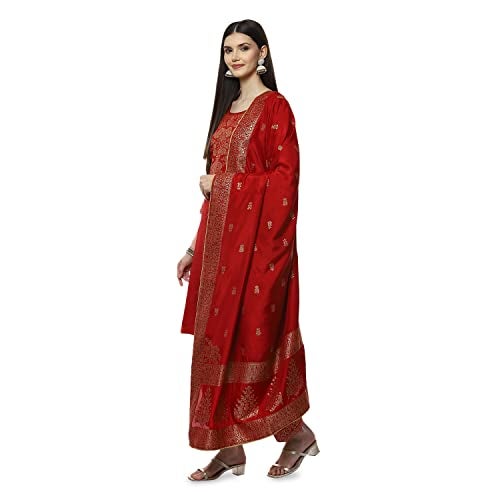 BIBA WOMEN YARNDYED RELAXED SALWAR KURTA DUPATTA(SKDBANARAS8145_RED_38) - Image 2