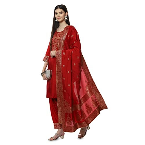 BIBA WOMEN YARNDYED RELAXED SALWAR KURTA DUPATTA(SKDBANARAS8145_RED_38) - Image 5