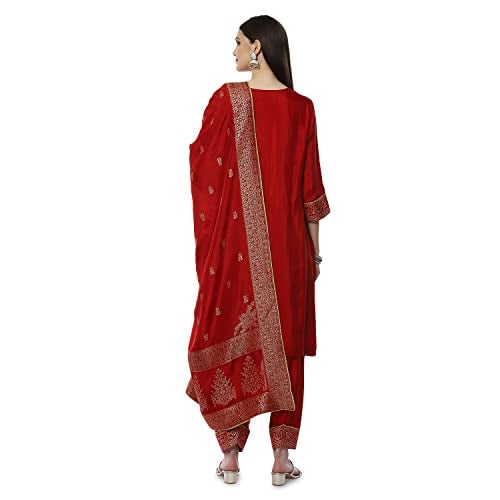 BIBA WOMEN YARNDYED RELAXED SALWAR KURTA DUPATTA(SKDBANARAS8145_RED_38) - Image 4