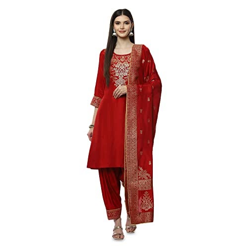 BIBA WOMEN YARNDYED RELAXED SALWAR KURTA DUPATTA(SKDBANARAS8145_RED_38) - Image 1