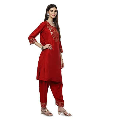 BIBA WOMEN YARNDYED RELAXED SALWAR KURTA DUPATTA(SKDBANARAS8145_RED_38) - Image 3