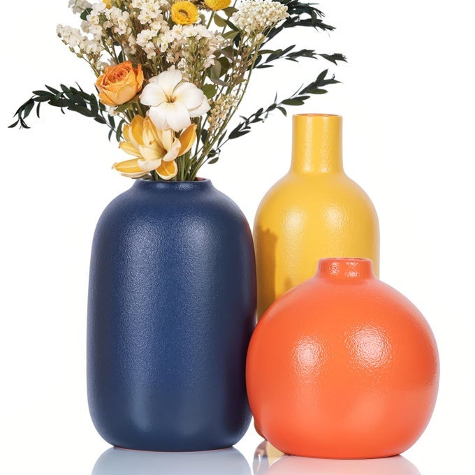 COLORFUL CERAMIC VASE SET SMALL BURNT ORANGE BLUE YELLOW VASES HOME DECORFALL DCOR MODERN FARMHOUSE VASES FOR HOME DECOR ORGANIC DECOR ACCENTS FOR LIVING ROOM TABLE SHELF ENTRYWAY SET OF 3