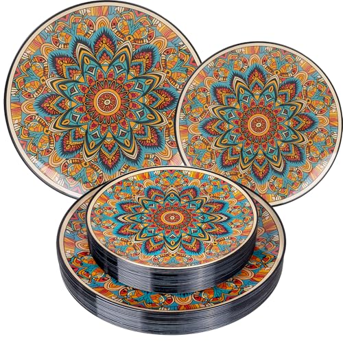 Joyido 60PCS Bohemian Plastic Plates - Boho Plate Disposable - Vintage Bohemian Style Plate Include 30 Dinner and 30 Dessert Plates for Kitchen Party Decorative - Image 1