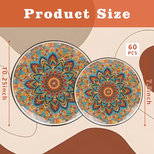 Joyido 60PCS Bohemian Plastic Plates - Boho Plate Disposable - Vintage Bohemian Style Plate Include 30 Dinner and 30 Dessert Plates for Kitchen Party Decorative - Image 3