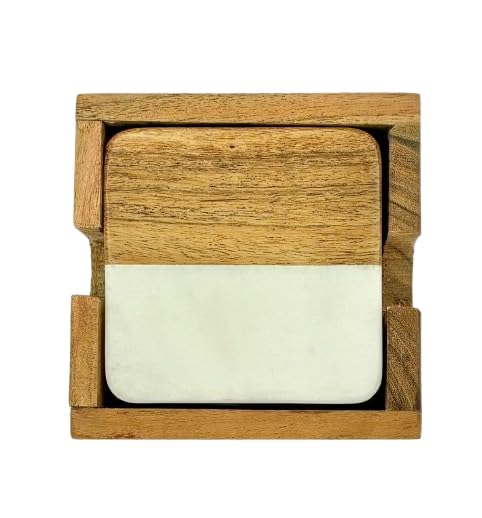 QUASTOCRA Marble Wooden Coaster Set White Brown Square Shape Coaster for Dining Table Kitchen Decor Marble and Wood Coaster Set Suitable for All Kinds of Mugs and Cups Pack of 4 with Wood Stand - Image 2