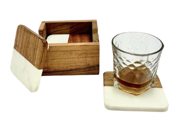 QUASTOCRA Marble Wooden Coaster Set White Brown Square Shape Coaster for Dining Table Kitchen Decor Marble and Wood Coaster Set Suitable for All Kinds of Mugs and Cups Pack of 4 with Wood Stand - Image 1