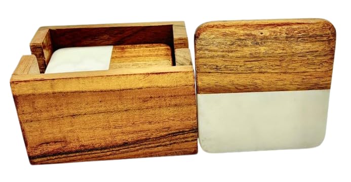 QUASTOCRA Marble Wooden Coaster Set White Brown Square Shape Coaster for Dining Table Kitchen Decor Marble and Wood Coaster Set Suitable for All Kinds of Mugs and Cups Pack of 4 with Wood Stand - Image 5