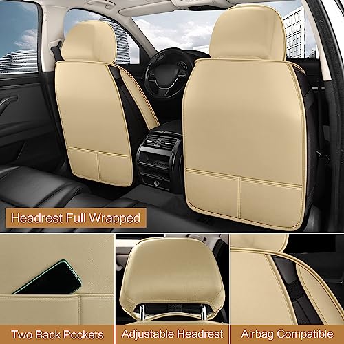 Pariitadin Leather Car Seat Covers Full Set, Waterproof Breathable Faux Leather Automotive Seat Covers for Cars, Non-Slip Car Interior Covers Universal Fit Most Cars Sedans Trucks SUVs, Beige - Image 2